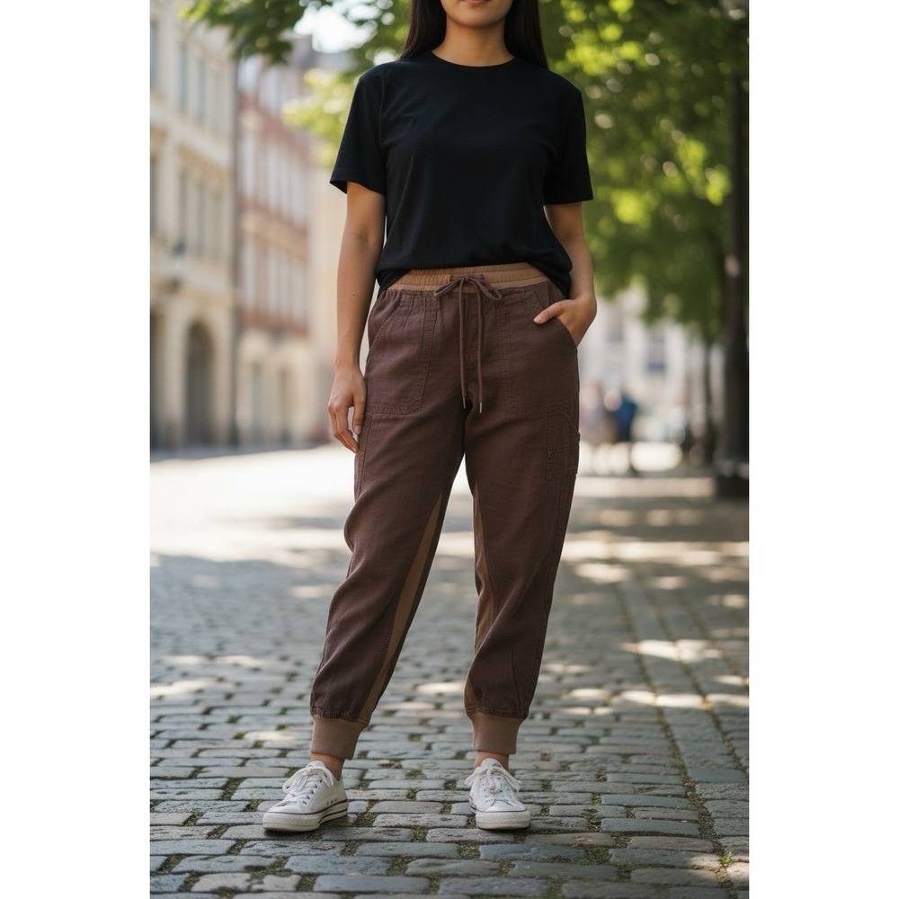 🔥Anthropologie🤑Nomad Brown Trousers‎ Jogger Cargo Pockets Drawstring Waist$118